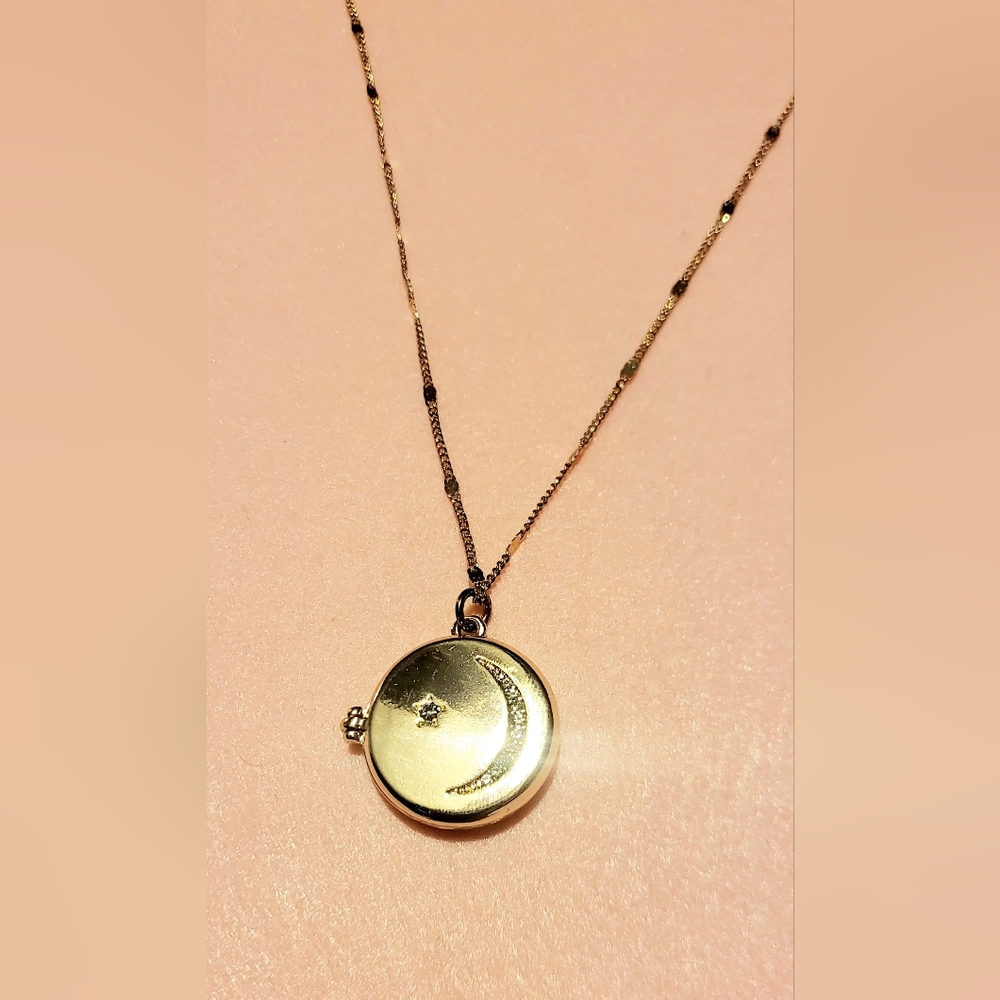 Gold Chain, Locket, Moon, Star Charm. Elegant.